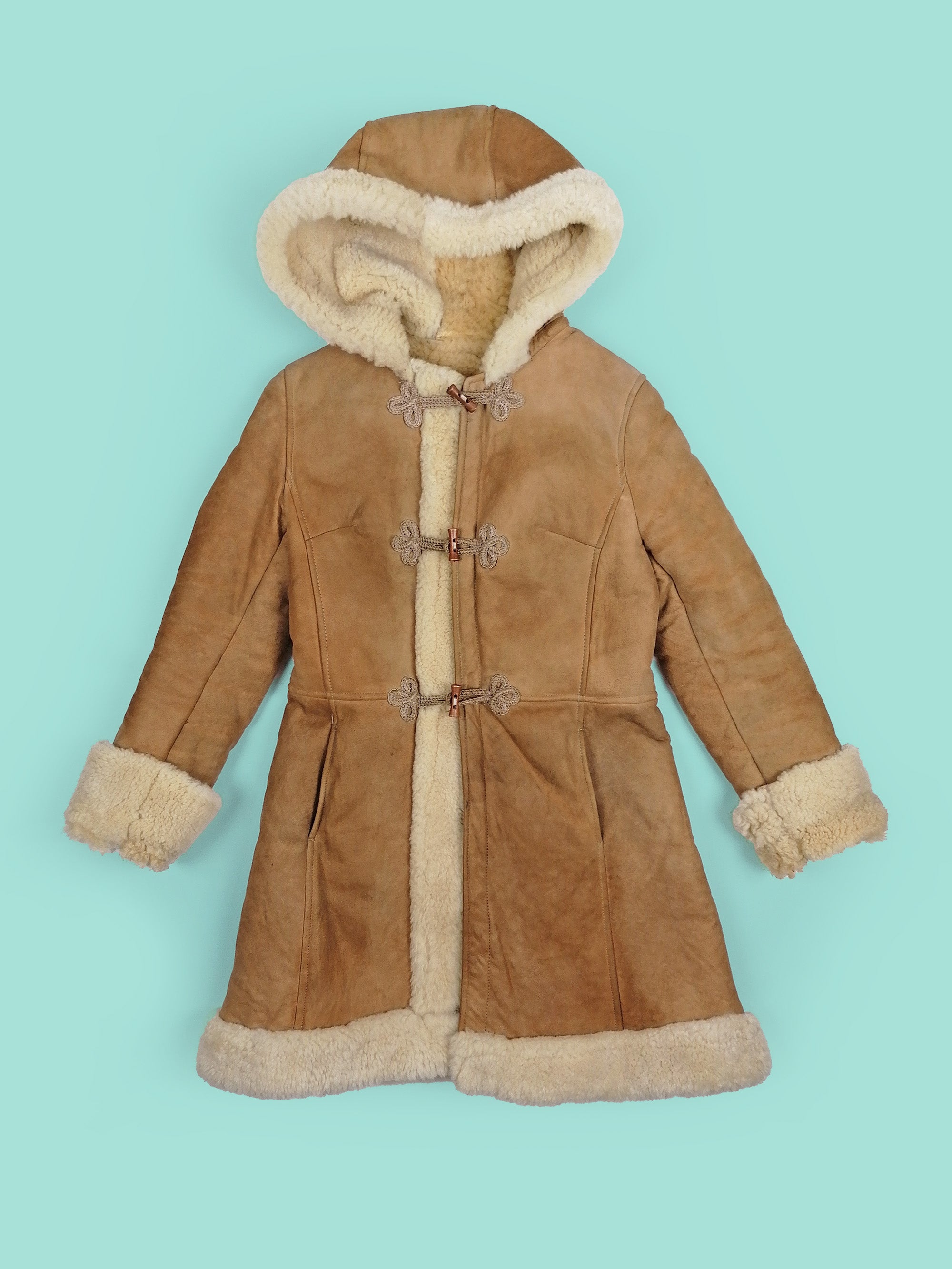 70's 80's Penny Lane Faux Shearling Coat Hooded - size XXS - XS