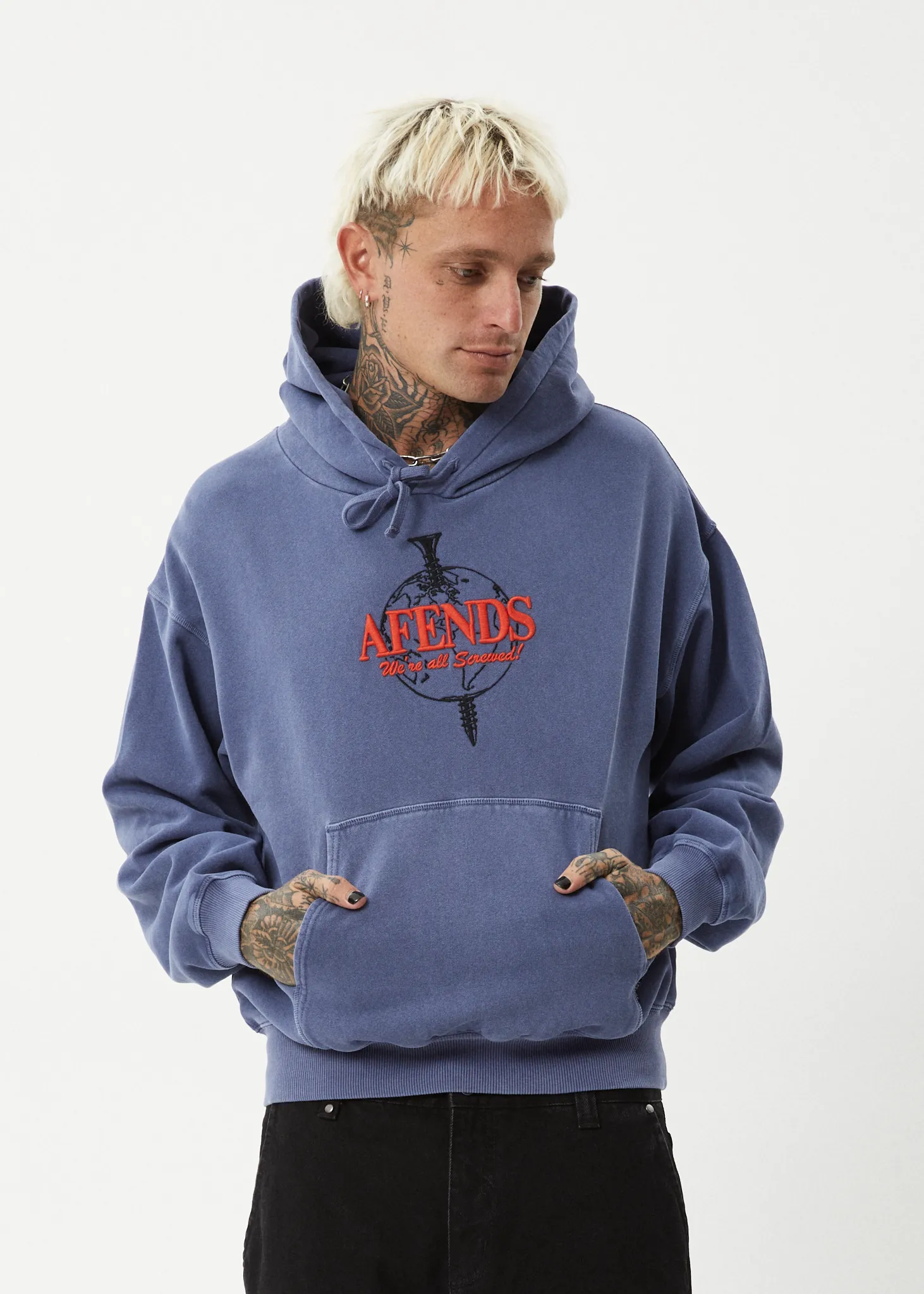 AFENDS Mens Screwed - Boxy Pull On Hood - Washed Marlin