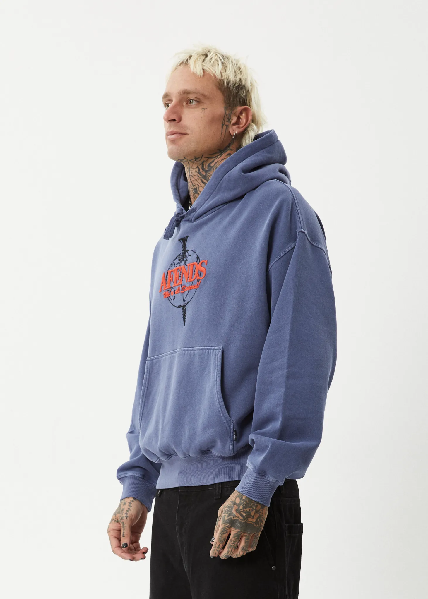 AFENDS Mens Screwed - Boxy Pull On Hood - Washed Marlin