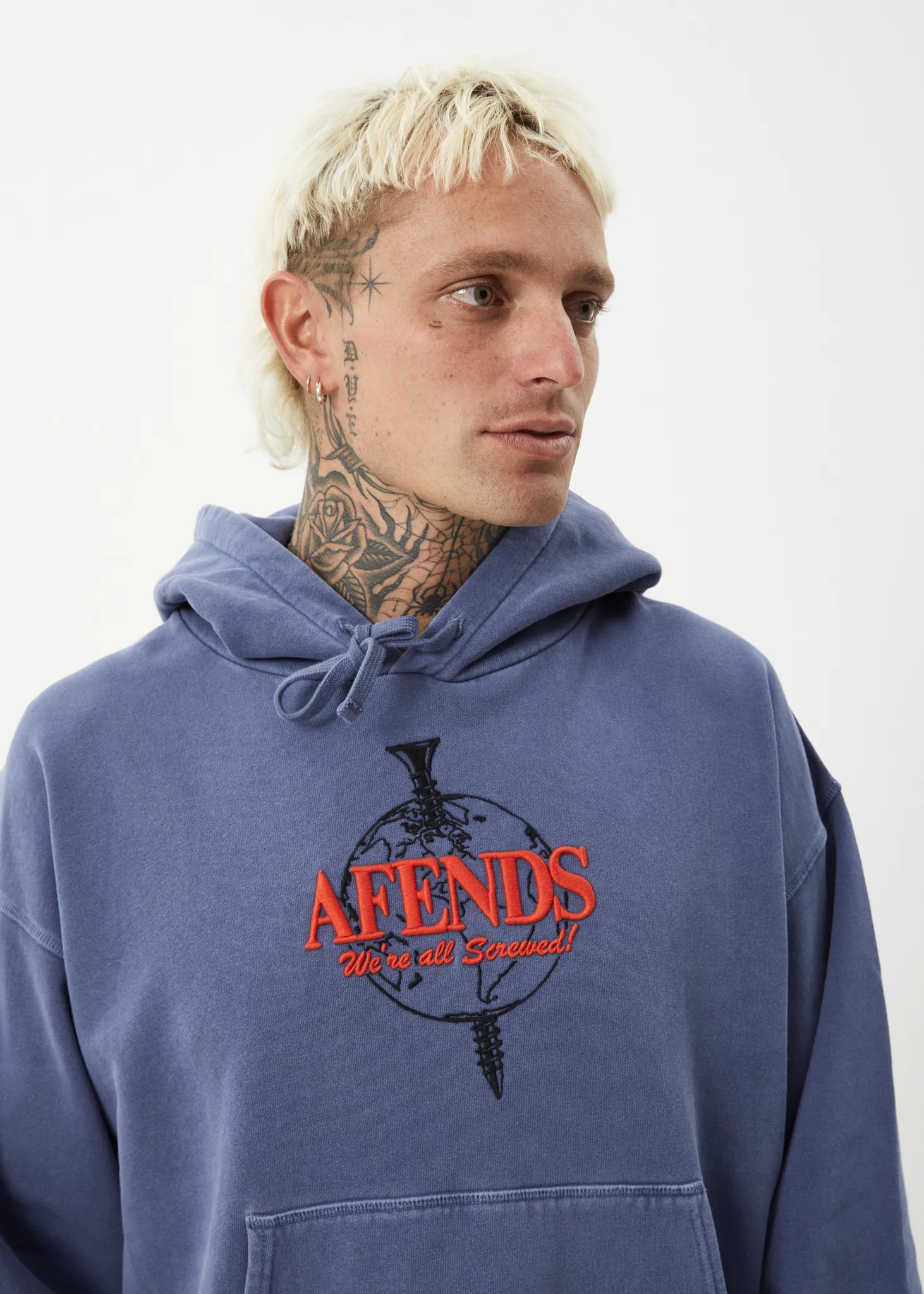 AFENDS Mens Screwed - Boxy Pull On Hood - Washed Marlin