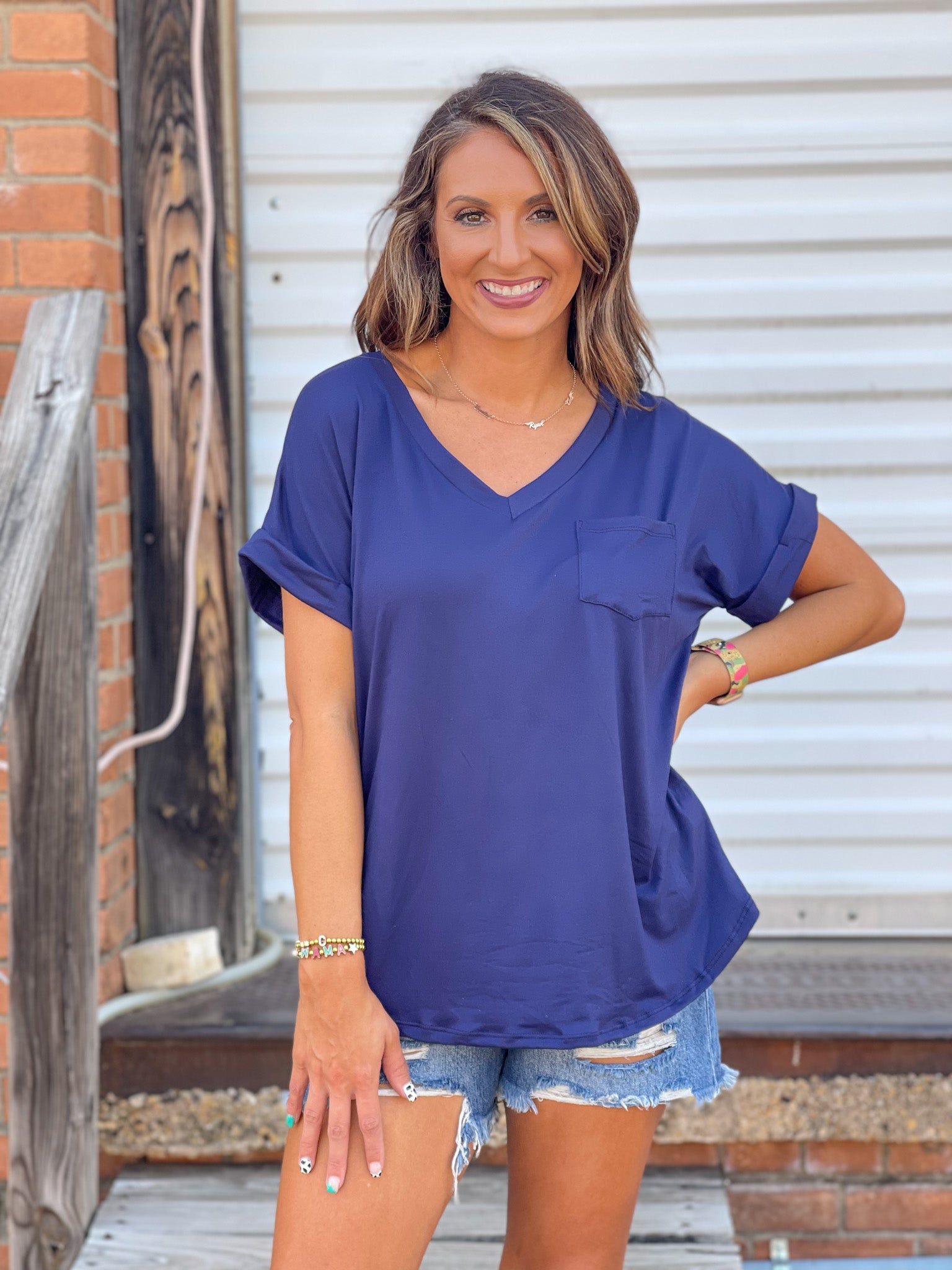 Basic V Neck Top - Navy