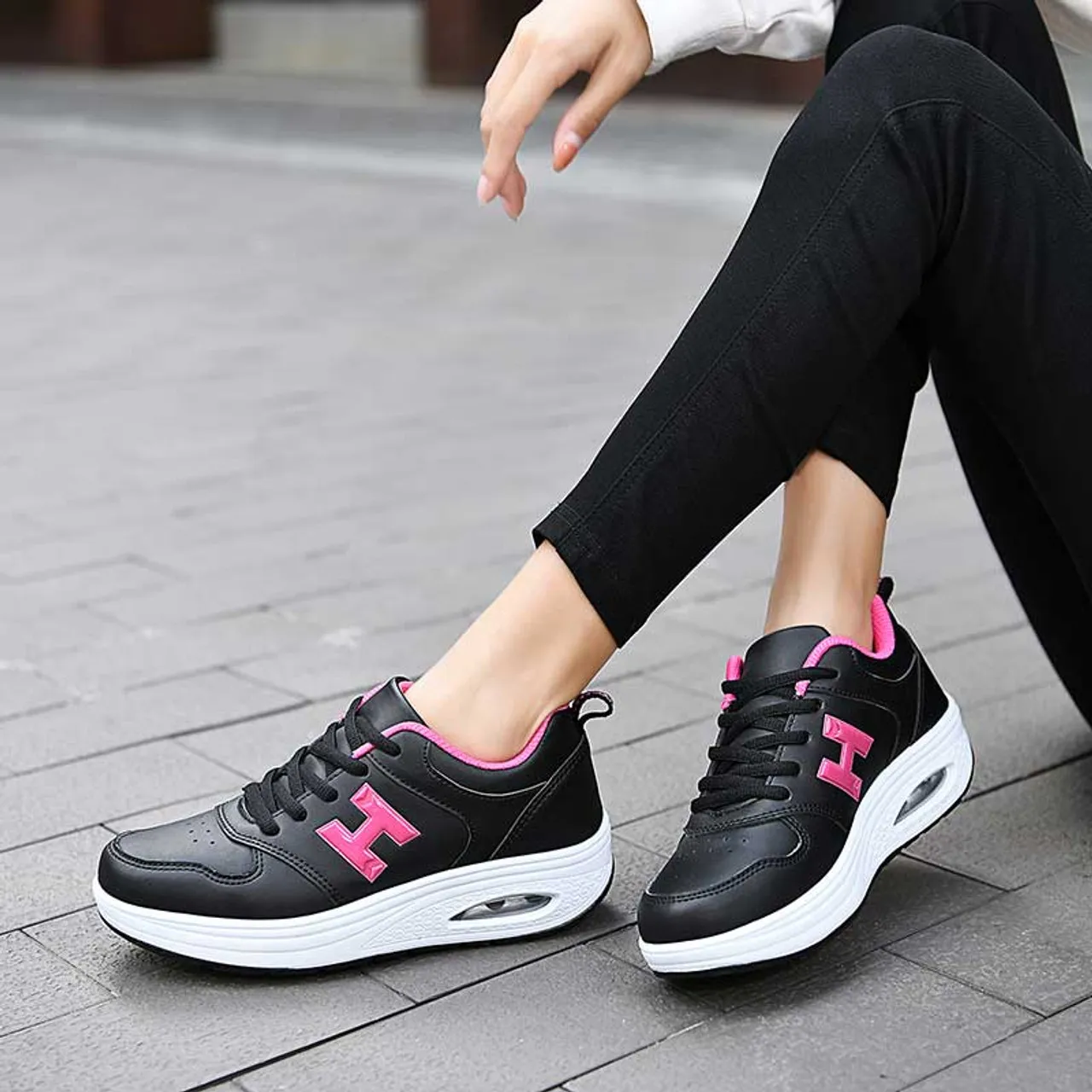 Black pink H pattern rocker bottom shoe sneaker