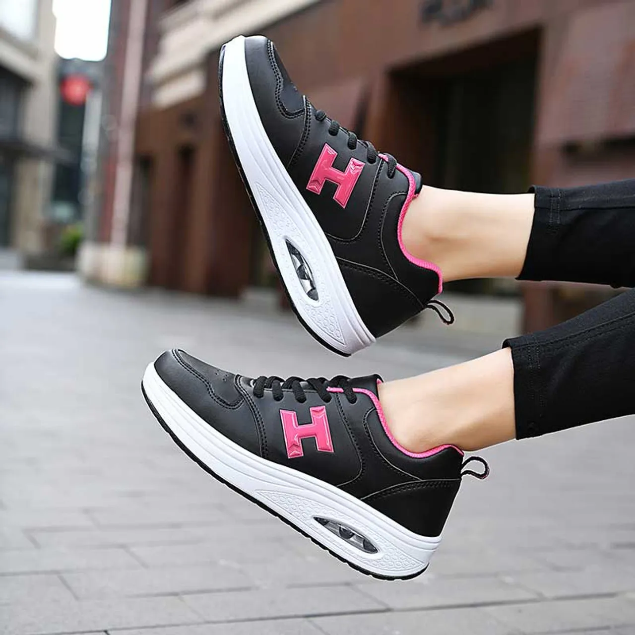 Black pink H pattern rocker bottom shoe sneaker