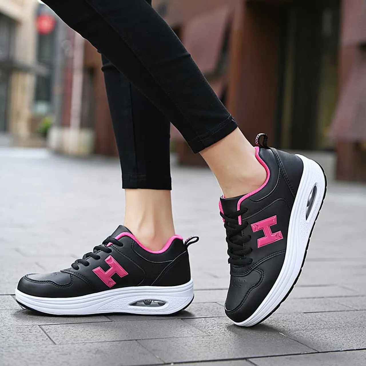 Black pink H pattern rocker bottom shoe sneaker