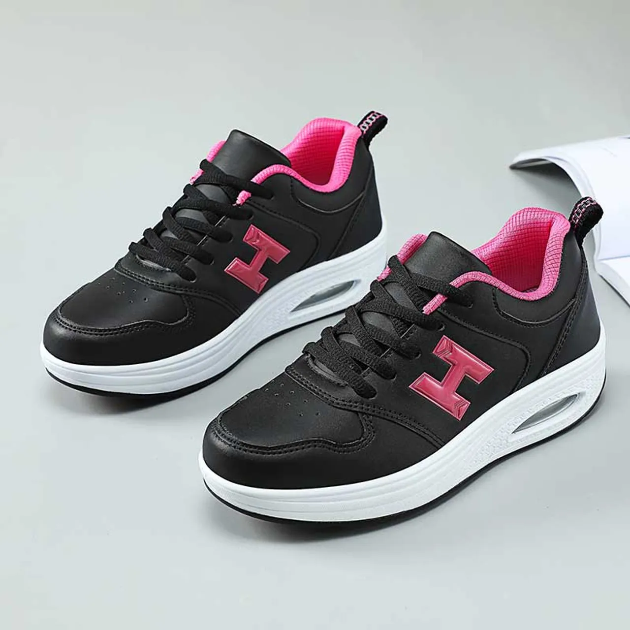 Black pink H pattern rocker bottom shoe sneaker