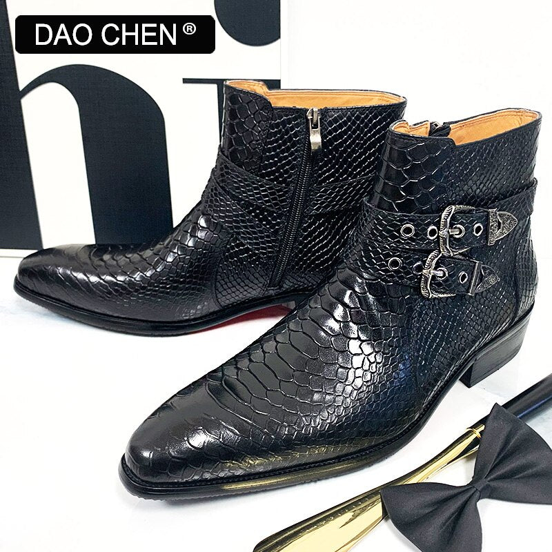 BLACK WINTER ANKLE BOOTS MEN SHOES LUXURY SNAKE BOOTS