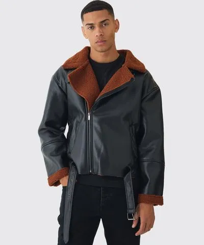 boohoo Mens Boxy Pu Borg Trim Aviator Jacket