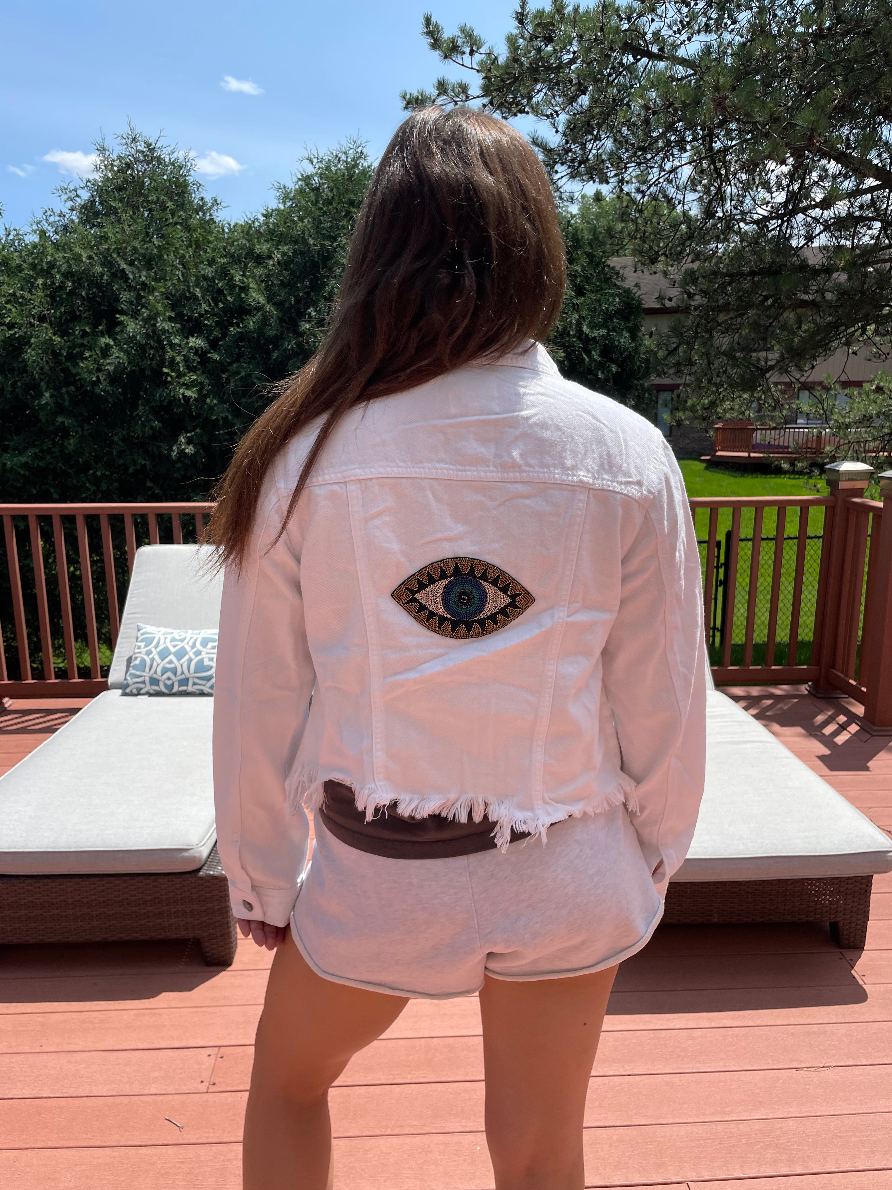 Collab 322 White Eye Spy Cropped Fringe Denim Jacket