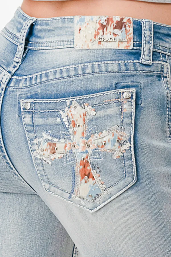 Cross w/ Cow Hide Trim Mid Rise Bootcut Jeans