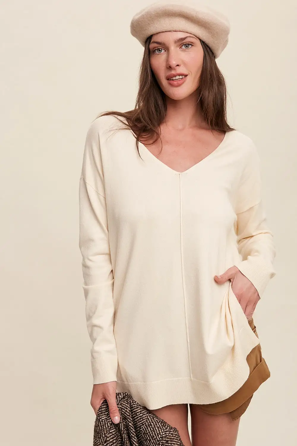 Deep V-neck Loose Fit Pullover Sweater- Cream