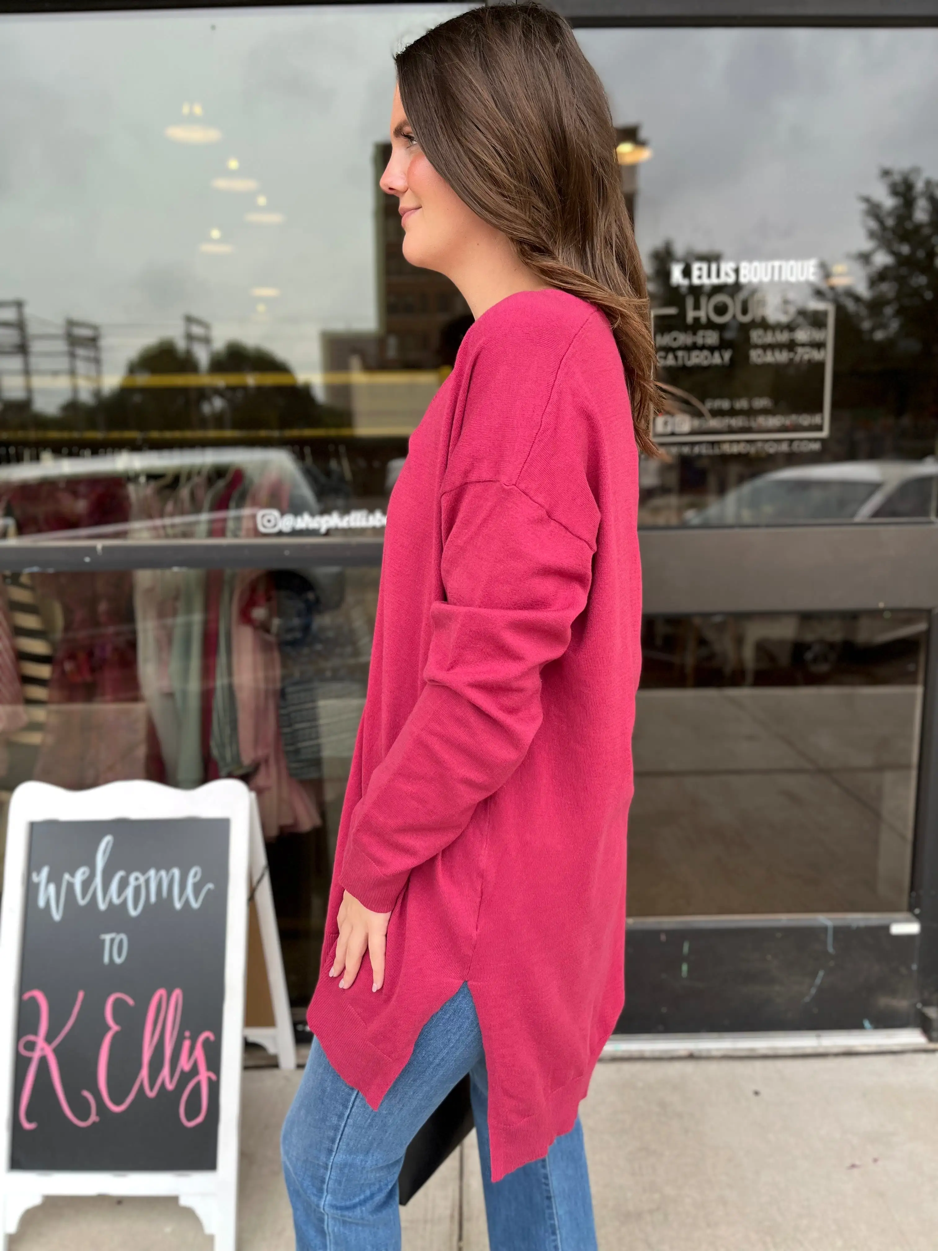 Deep V-neck Loose Fit Pullover Sweater- Magenta