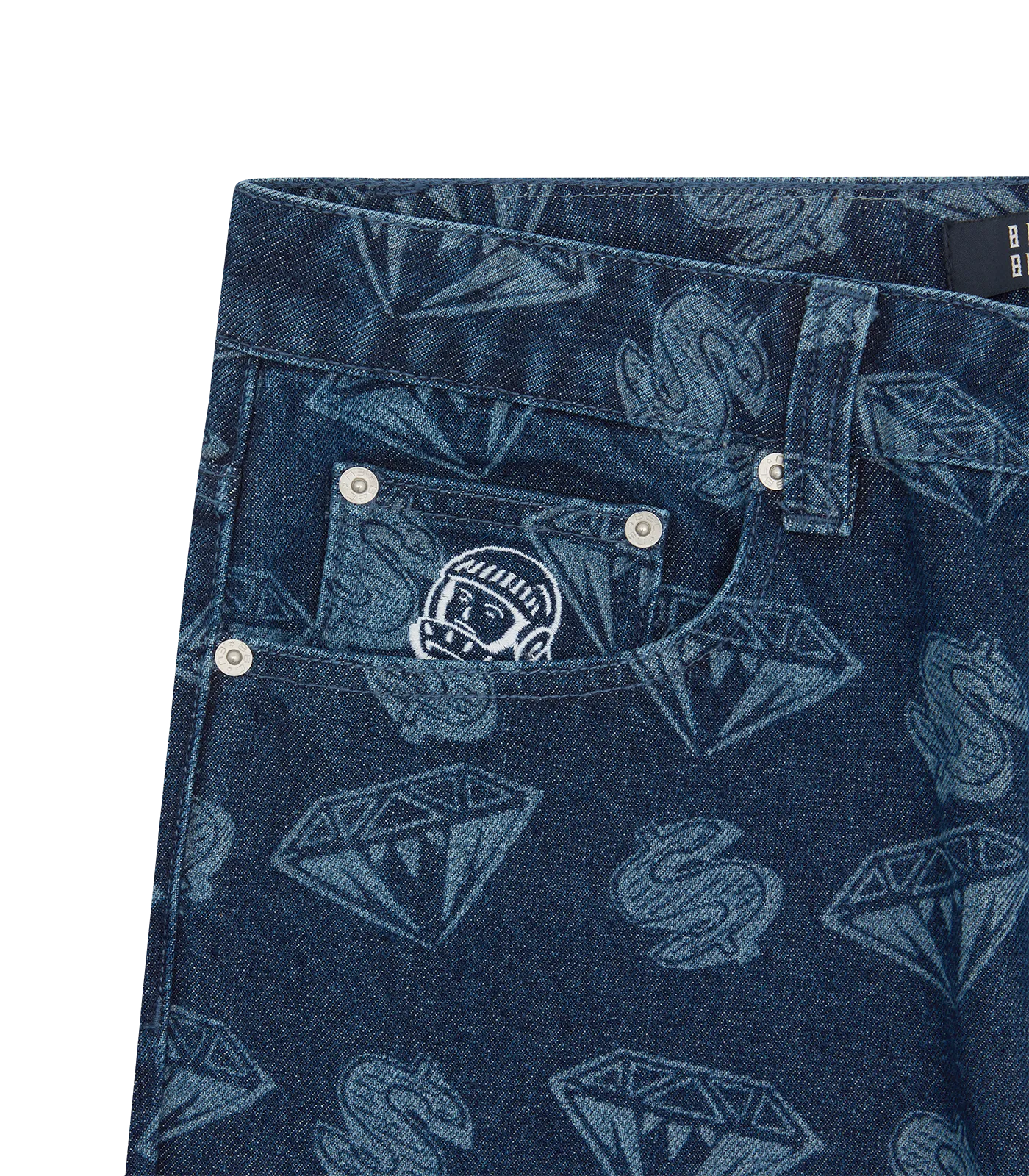 DIAMONDS & DOLLARS PRINTED DENIM PANTS - INDIGO