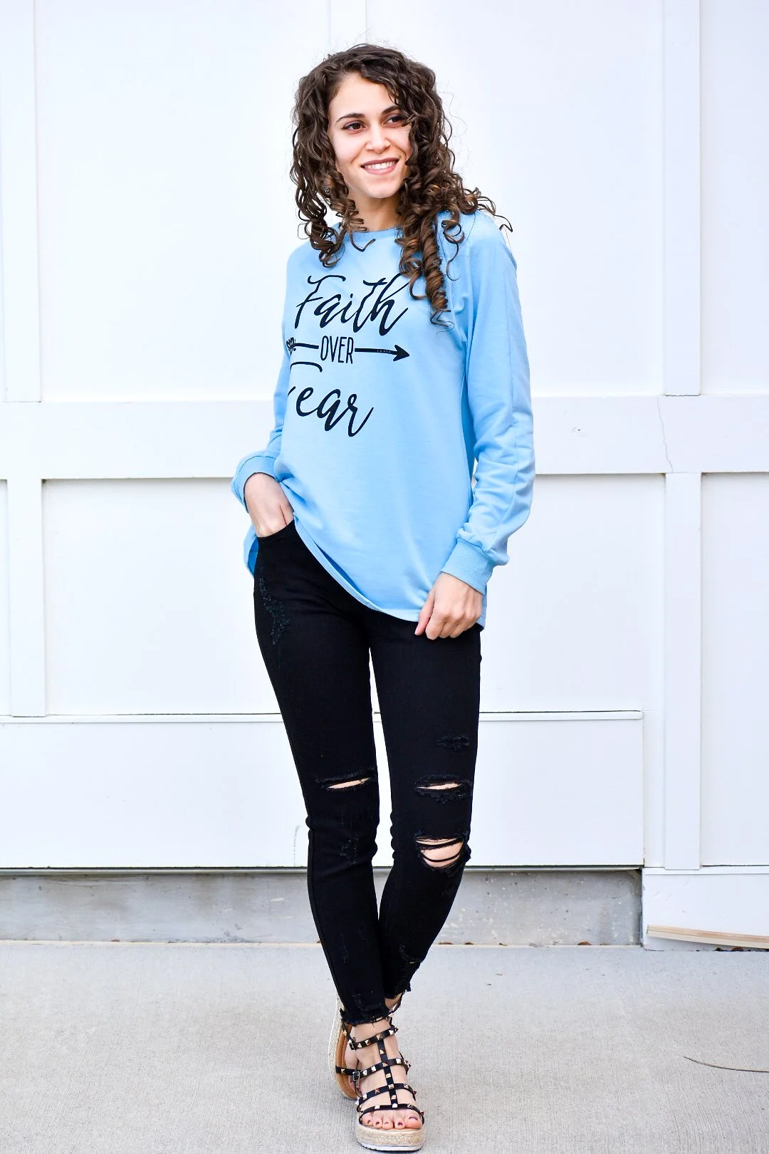 Faith Over Fear Light Blue Pullover Sweater