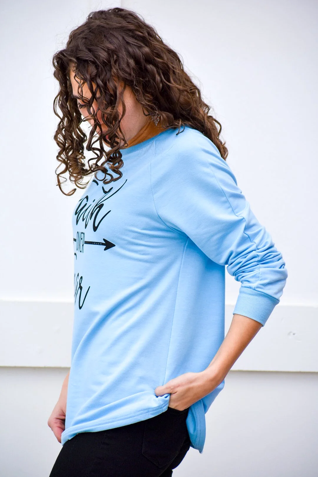 Faith Over Fear Light Blue Pullover Sweater