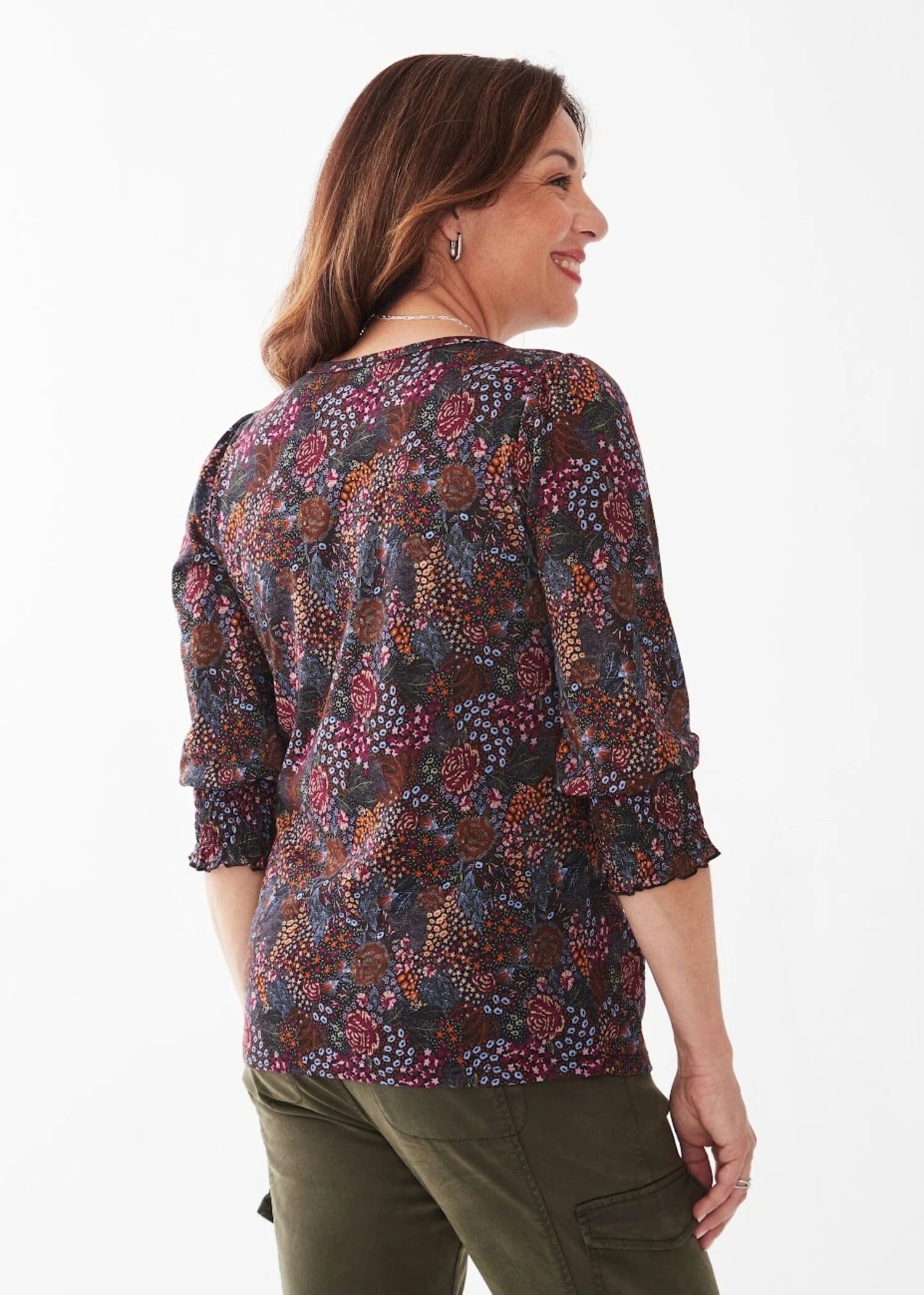 FDJ Floral Cluster Printed V Neck Top W/ Smocked Cuff - 3113476