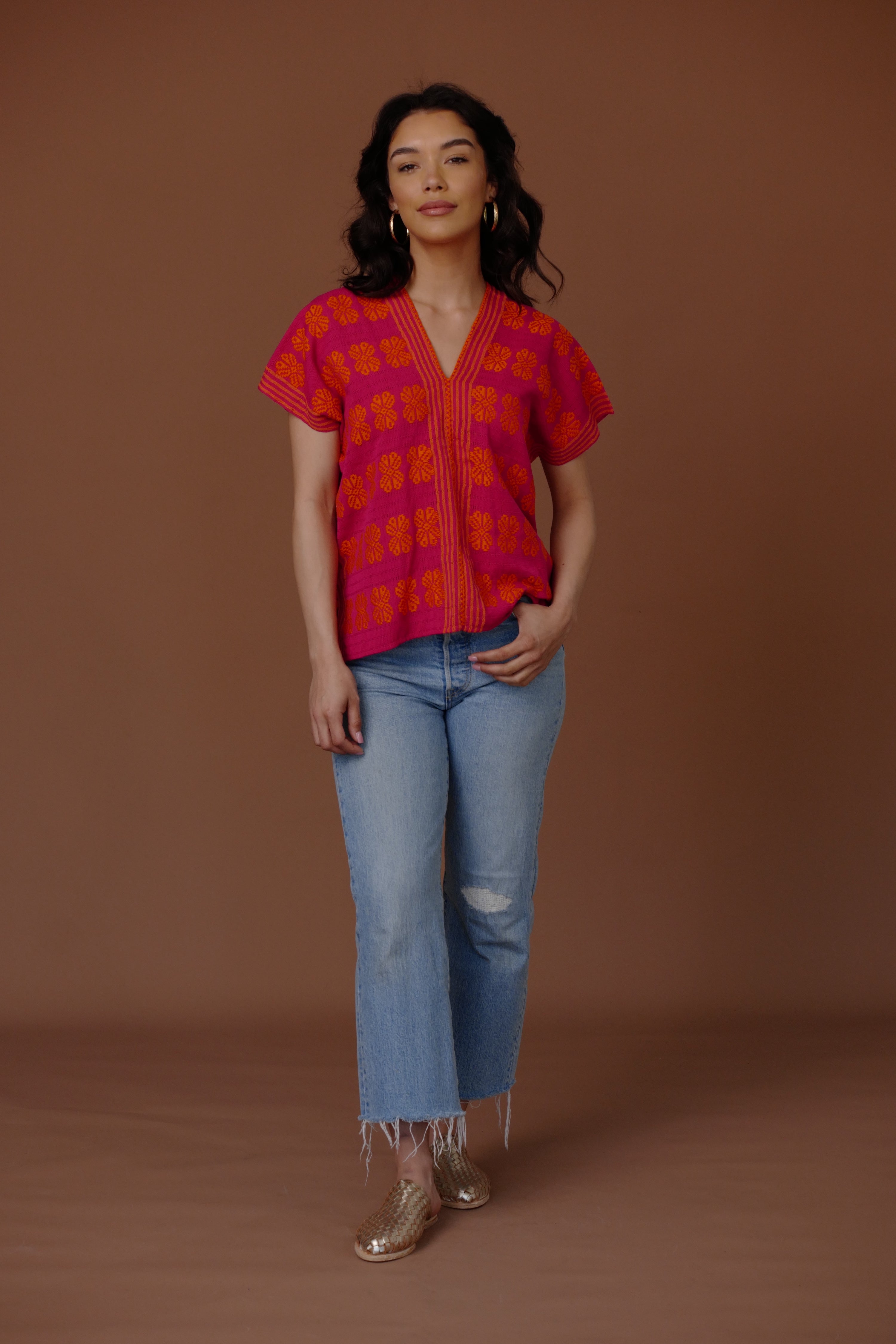 GARDENIA V Neck / Magenta + Tangerine