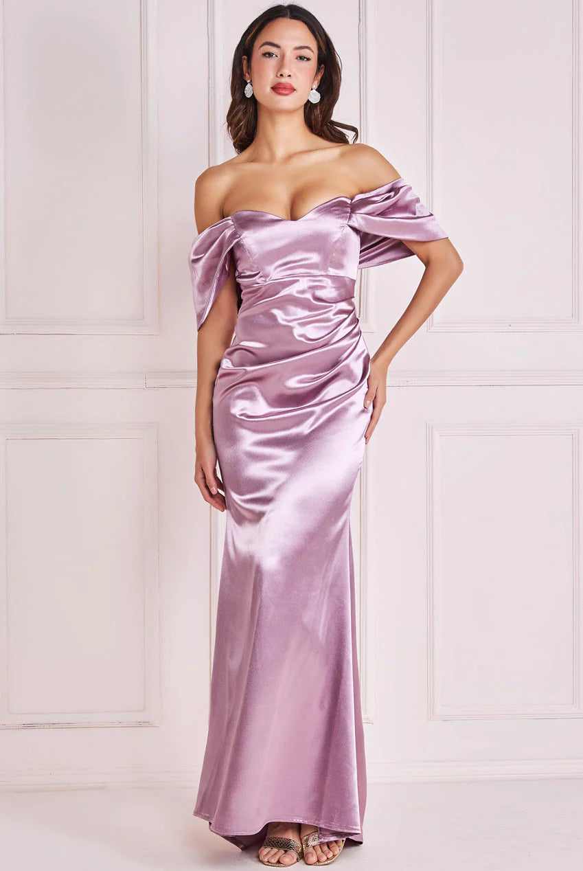 Goddiva Off Shoulder Satin Maxi With V Neck