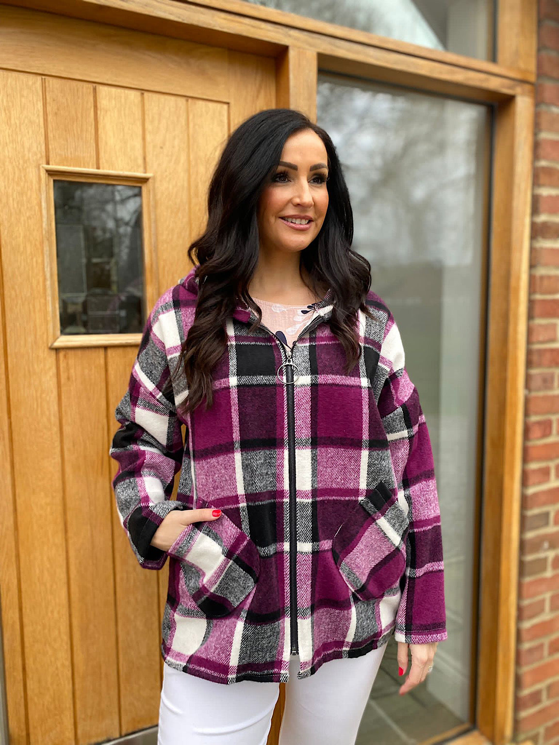 Grape Checked Hooded Coat Adriana