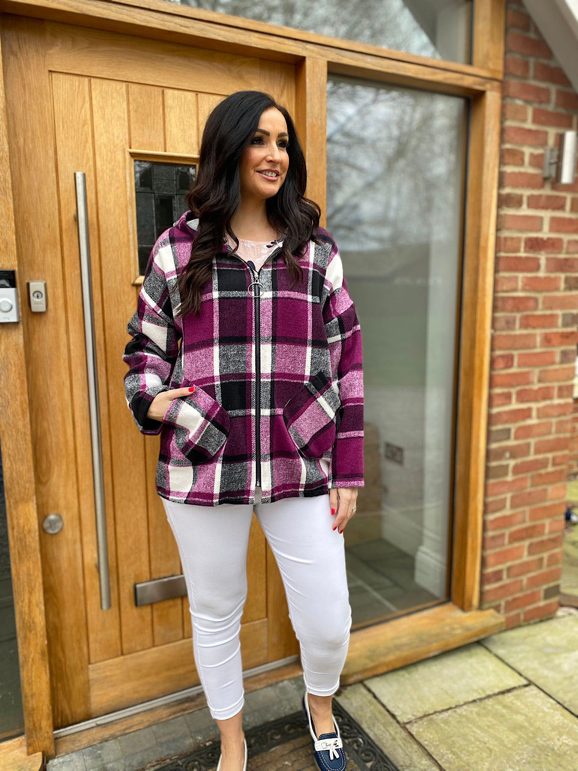 Grape Checked Hooded Coat Adriana