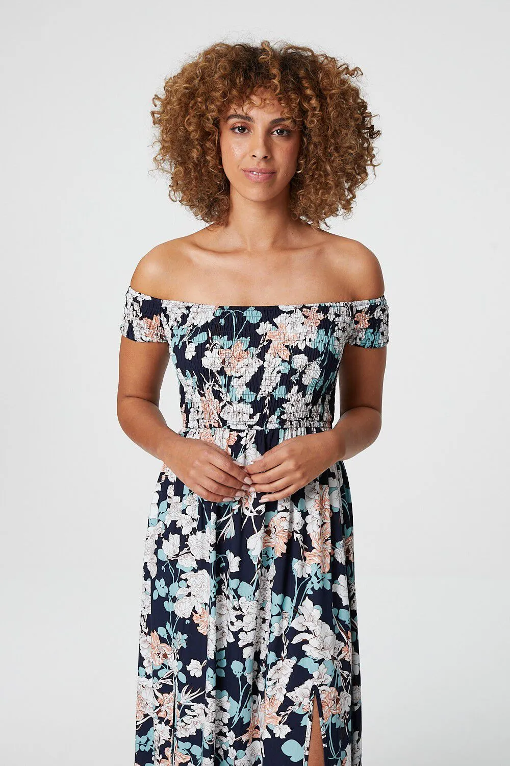 Izabel London – Floral Bardot Shirred Maxi Dress