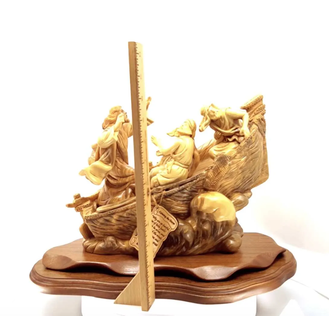 Jesus Christ Calms The Storm on Boat, 15.5 Masterpiece Wooden Carving