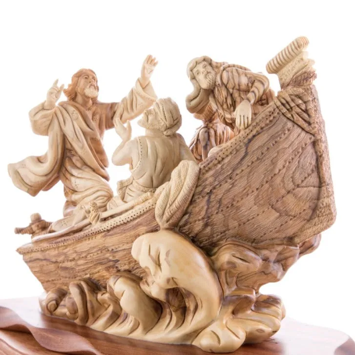 Jesus Christ Calms The Storm on Boat, 15.5 Masterpiece Wooden Carving