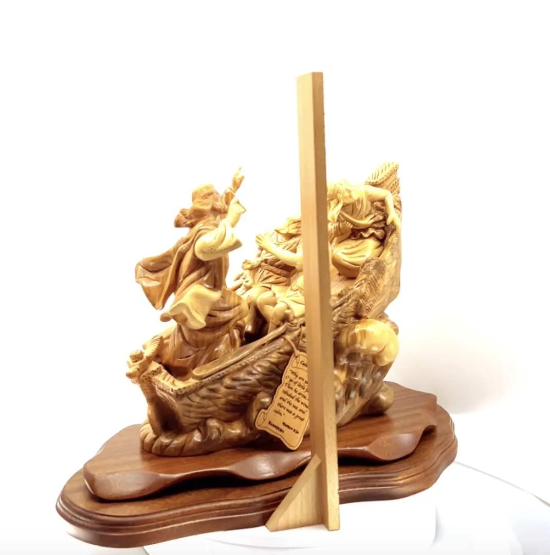 Jesus Christ Calms The Storm on Boat, 15.5 Masterpiece Wooden Carving