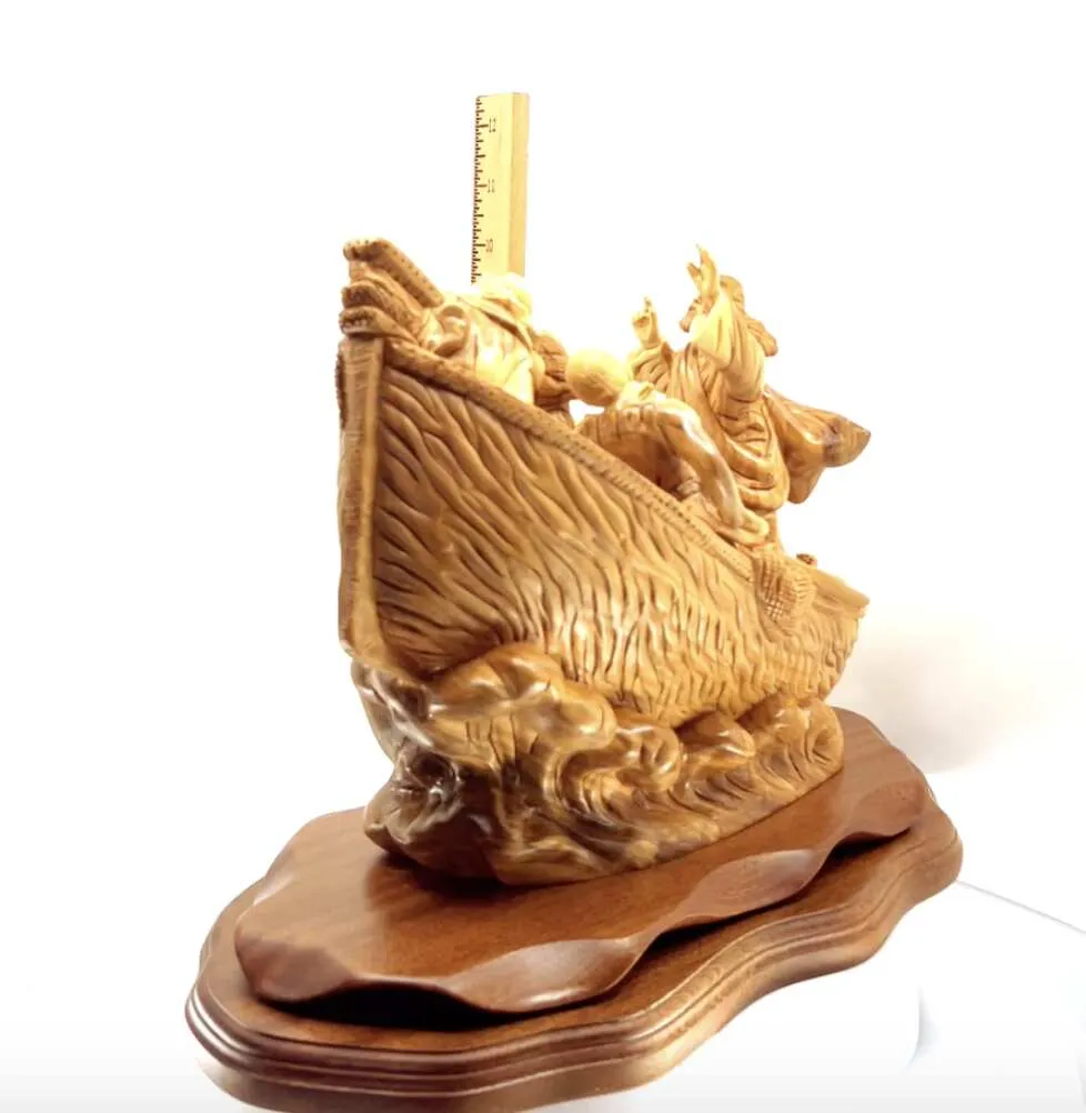 Jesus Christ Calms The Storm on Boat, 15.5 Masterpiece Wooden Carving