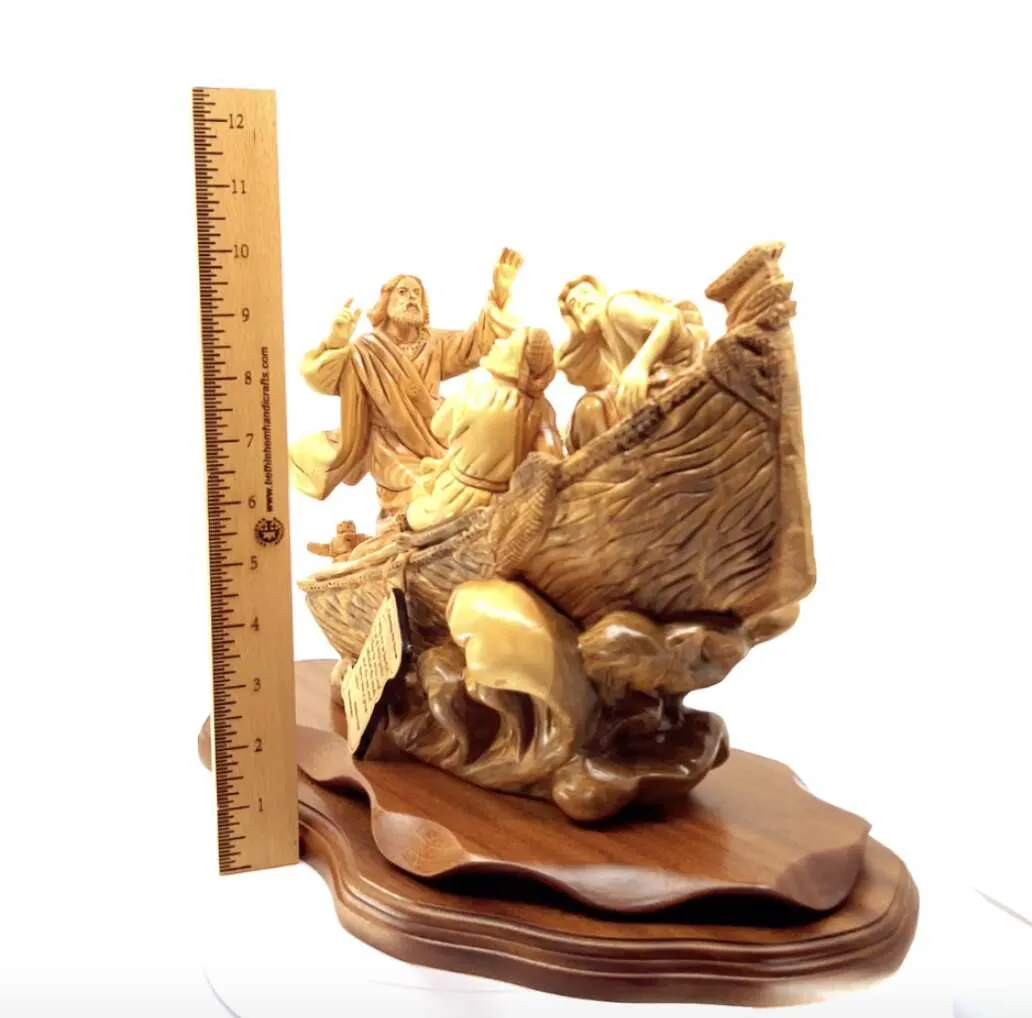 Jesus Christ Calms The Storm on Boat, 15.5 Masterpiece Wooden Carving