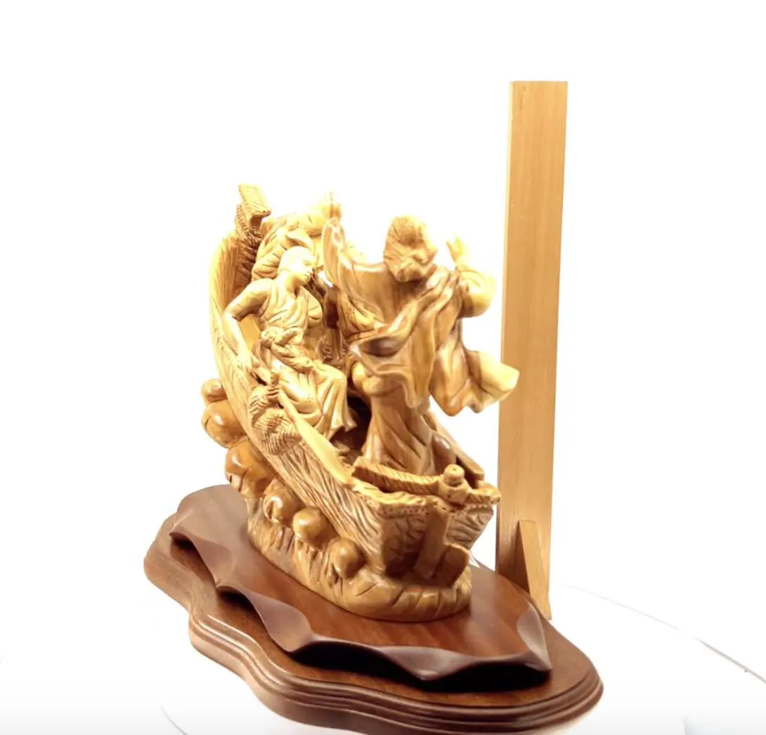 Jesus Christ Calms The Storm on Boat, 15.5 Masterpiece Wooden Carving