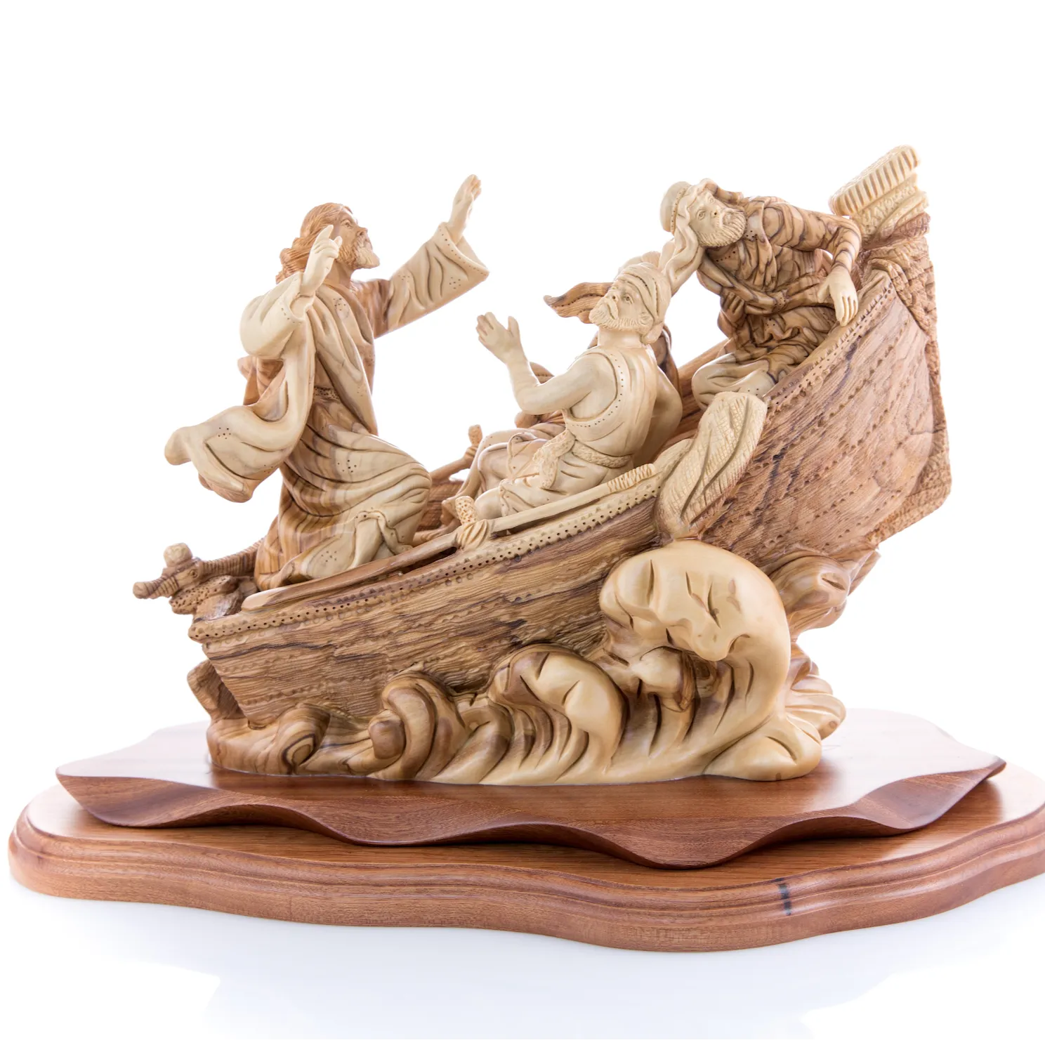 Jesus Christ Calms The Storm on Boat, 15.5 Masterpiece Wooden Carving