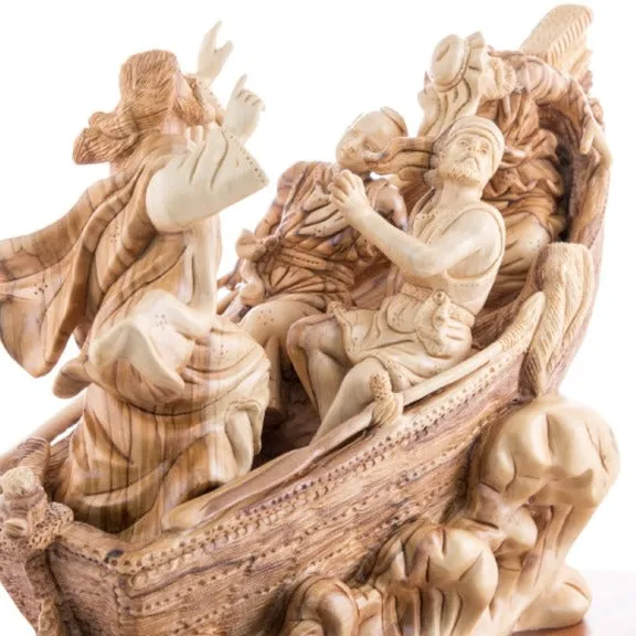 Jesus Christ Calms The Storm on Boat, 15.5 Masterpiece Wooden Carving