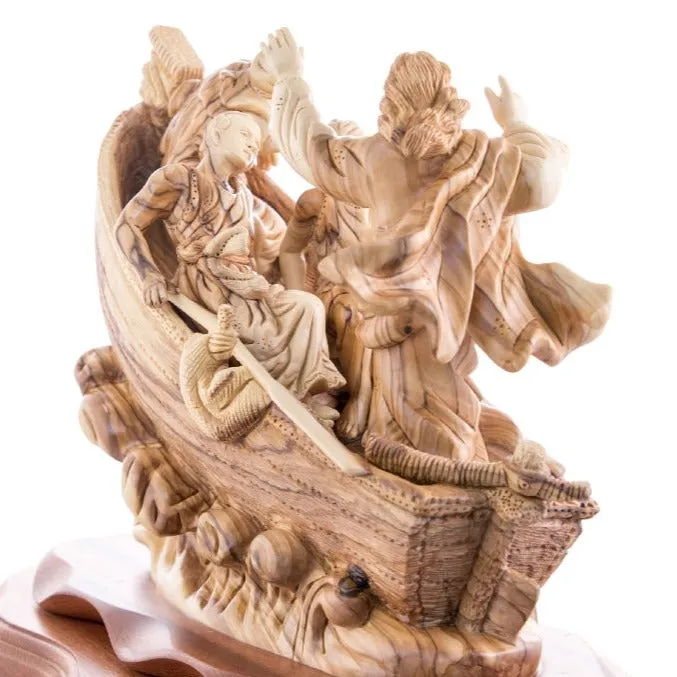 Jesus Christ Calms The Storm on Boat, 15.5 Masterpiece Wooden Carving