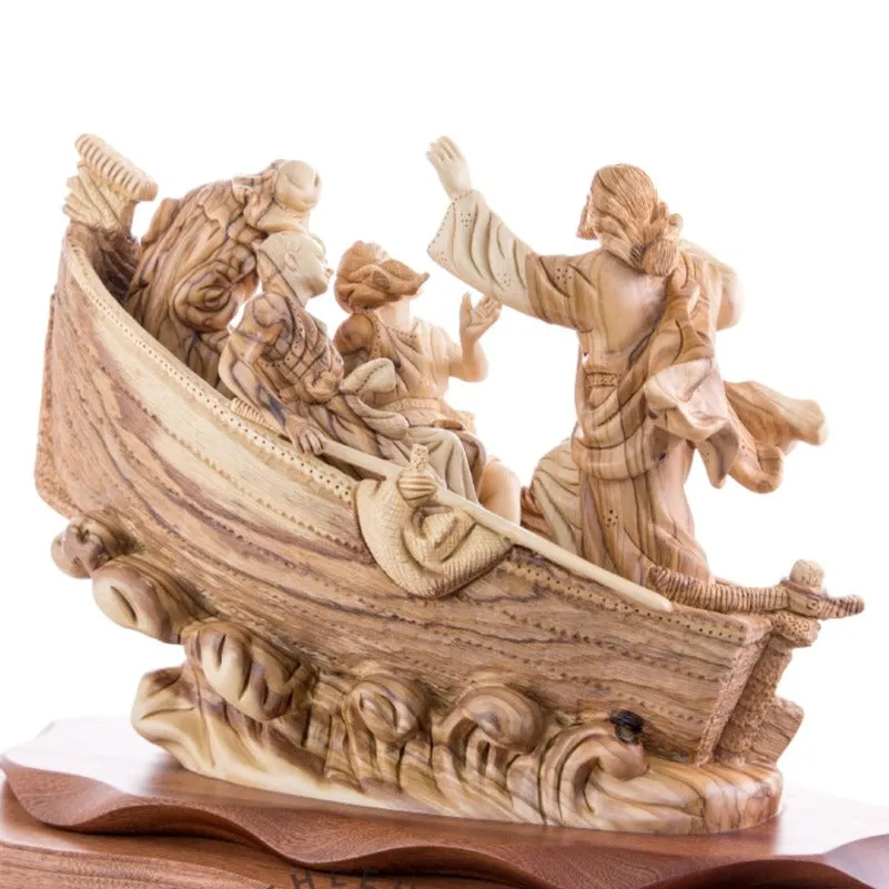 Jesus Christ Calms The Storm on Boat, 15.5 Masterpiece Wooden Carving