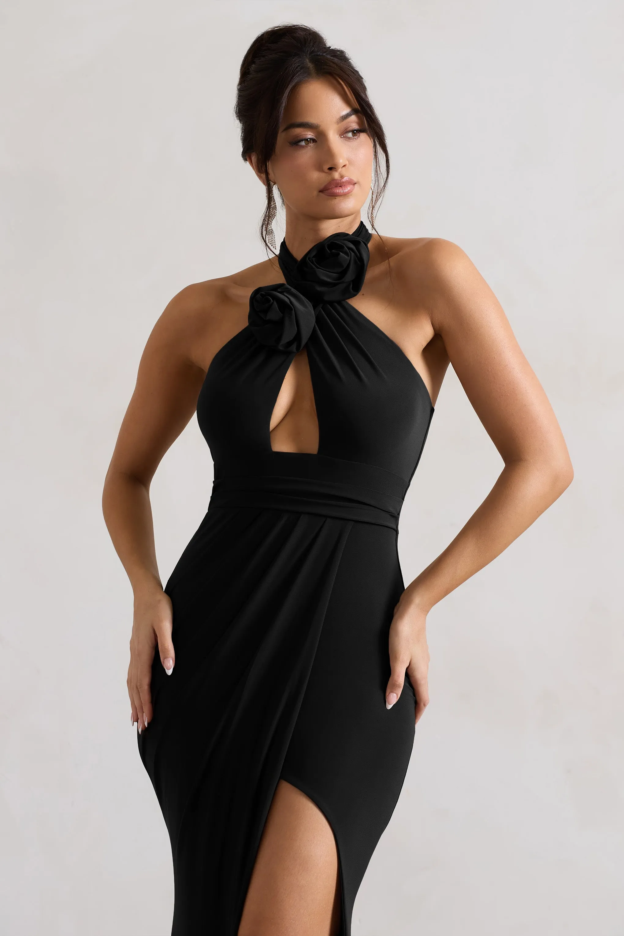 Kira | Black Halter-Neck Cut-Out Split Maxi Dress With Flowers