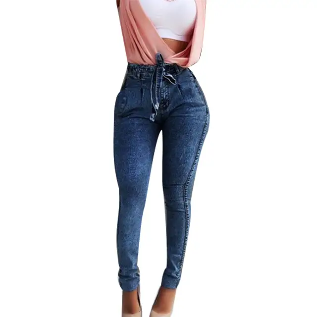 Knitted Denim Pants zipper Fitness Female Stretch Casual Trousers