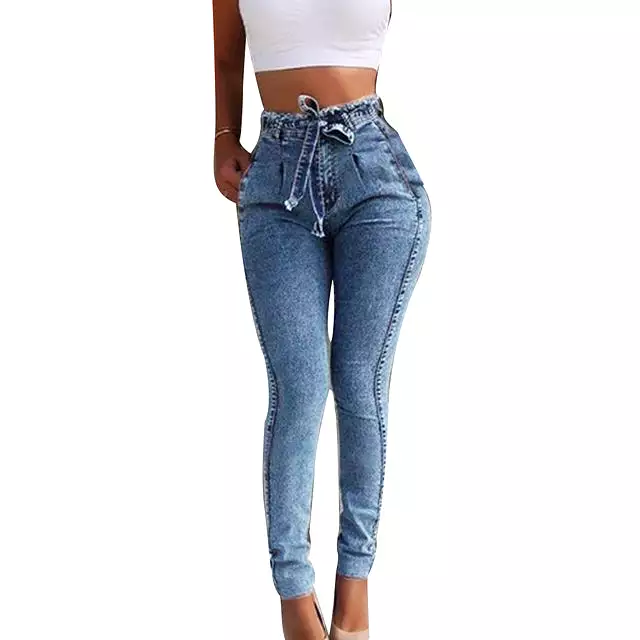 Knitted Denim Pants zipper Fitness Female Stretch Casual Trousers