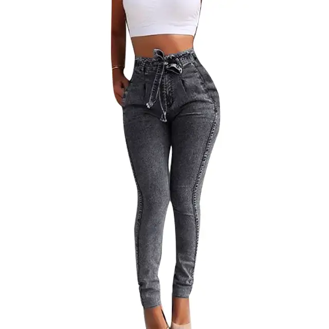 Knitted Denim Pants zipper Fitness Female Stretch Casual Trousers