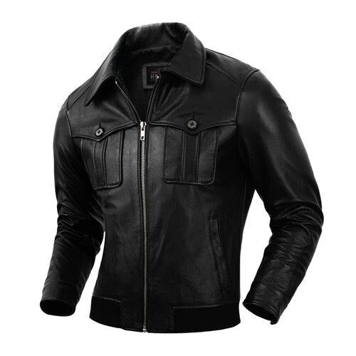 Men's Genuine Cowhide Leather Slim Fit Moto Biker Street Jacket