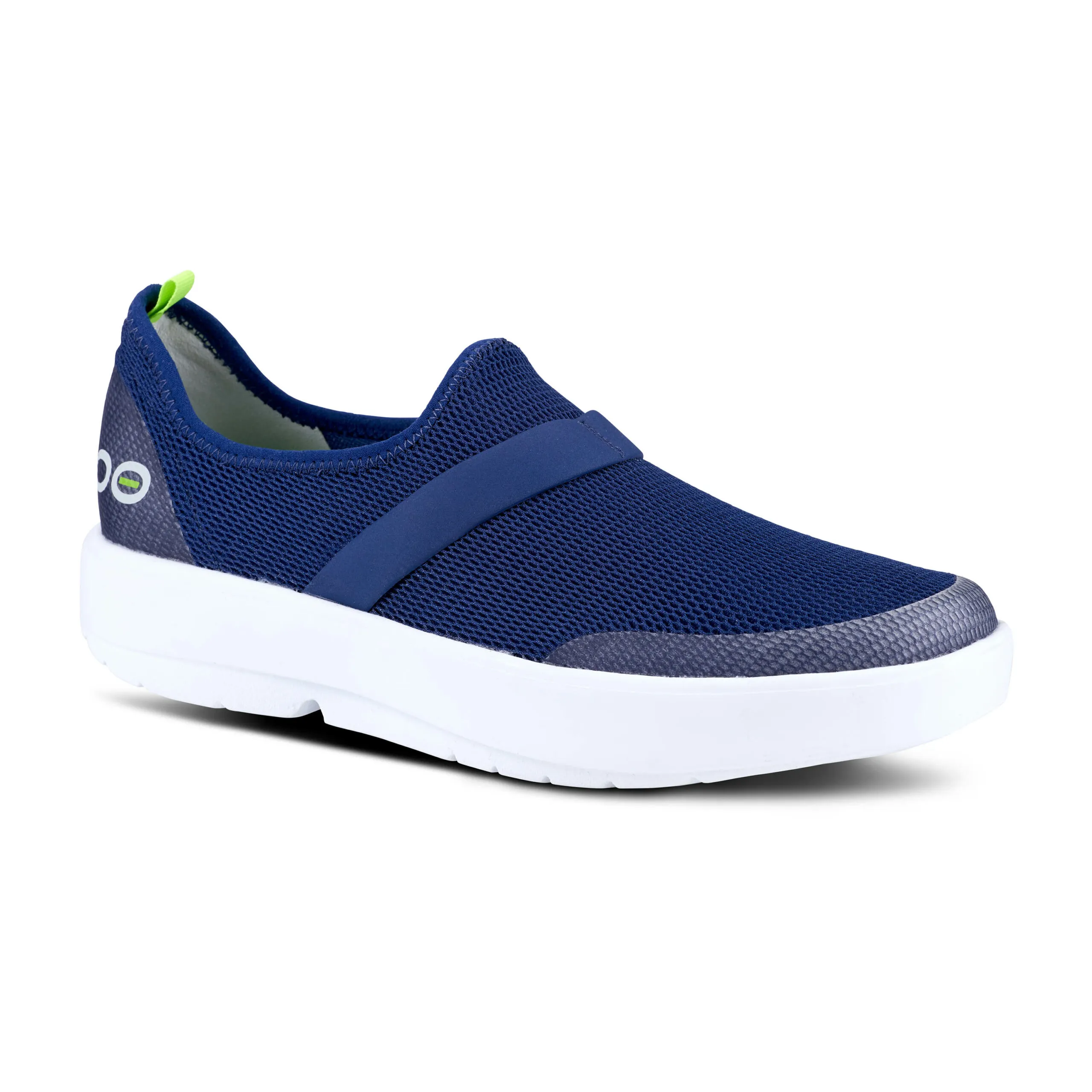 Oofos Womens OOmg Low Mesh Slip On Sneaker- Navy/White