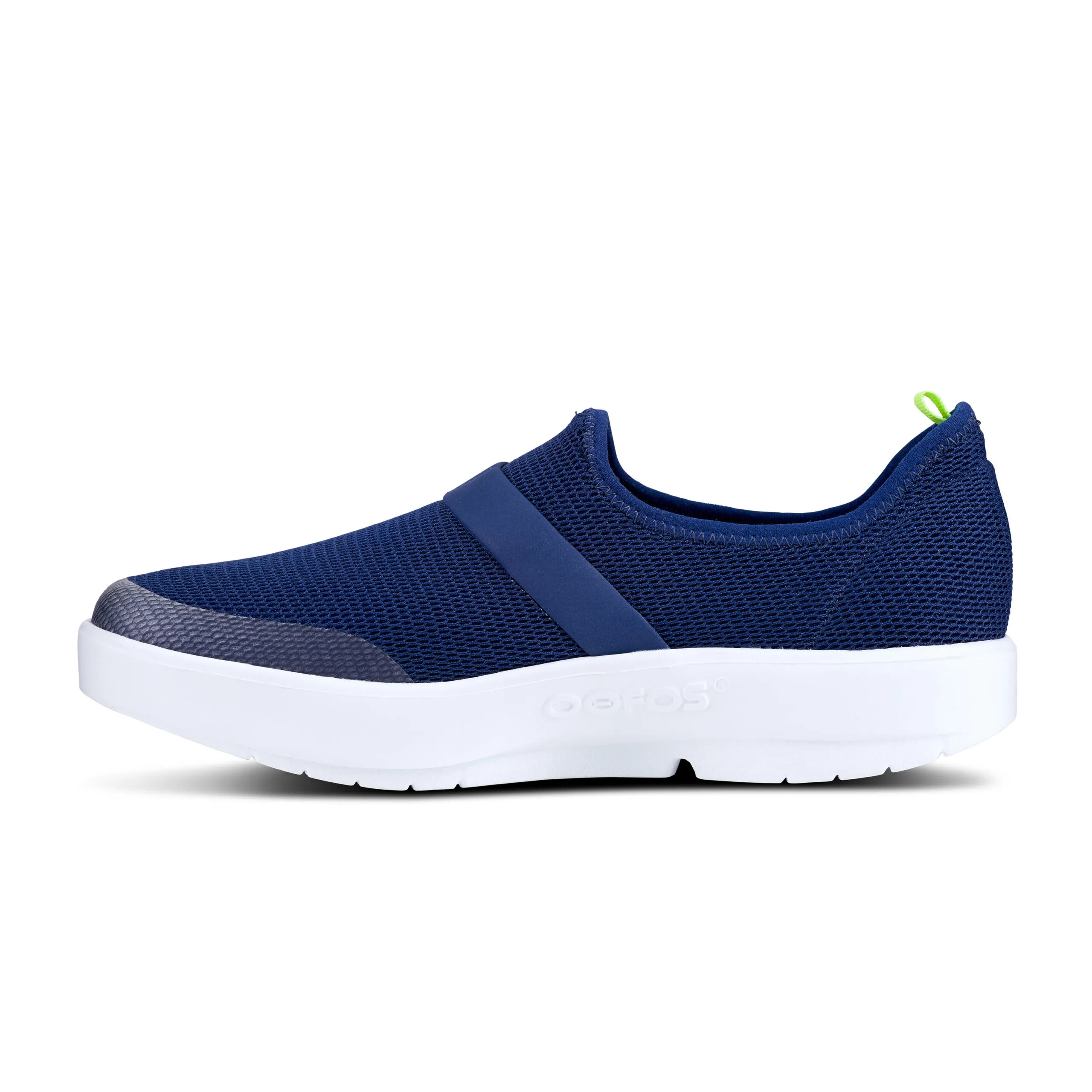 Oofos Womens OOmg Low Mesh Slip On Sneaker- Navy/White