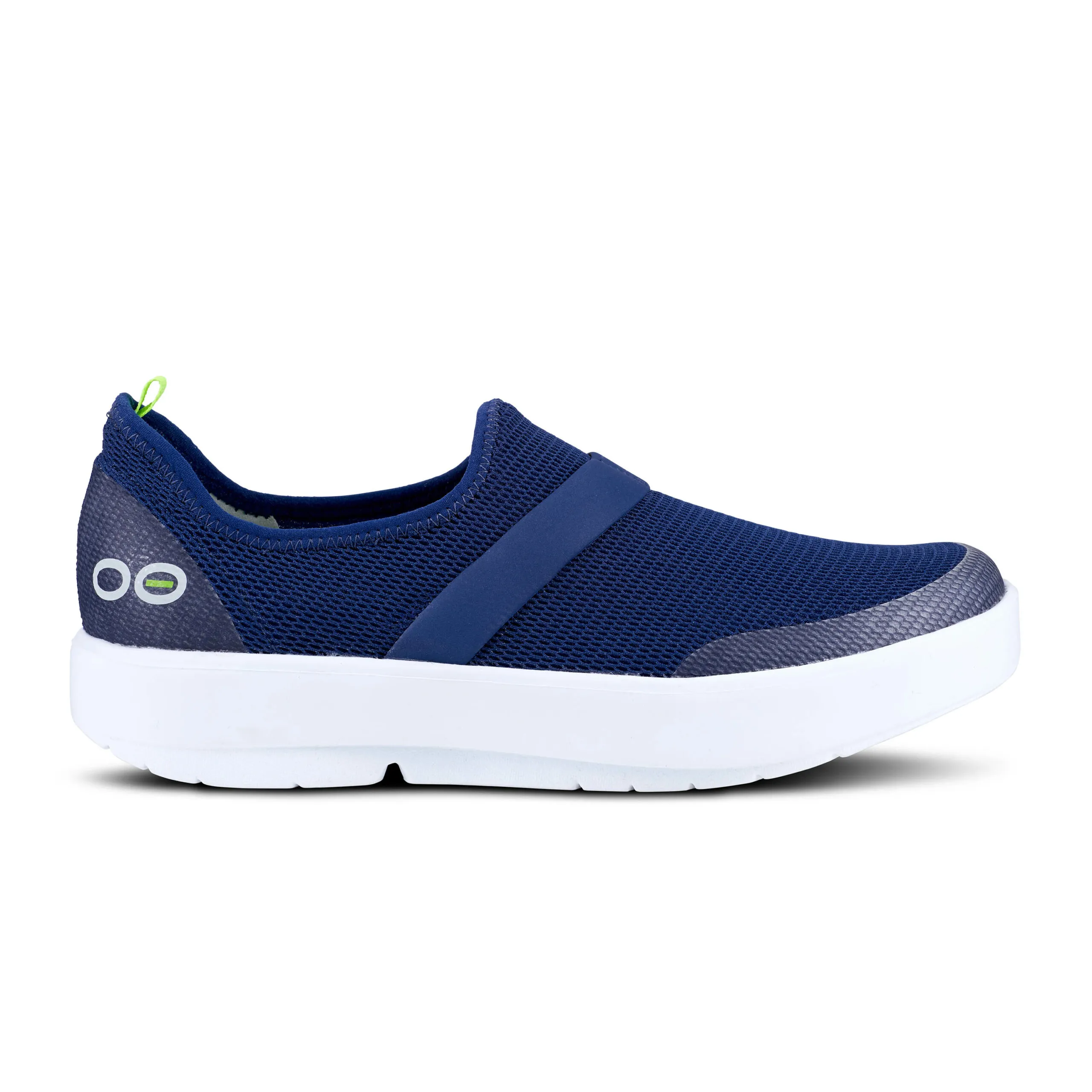 Oofos Womens OOmg Low Mesh Slip On Sneaker- Navy/White