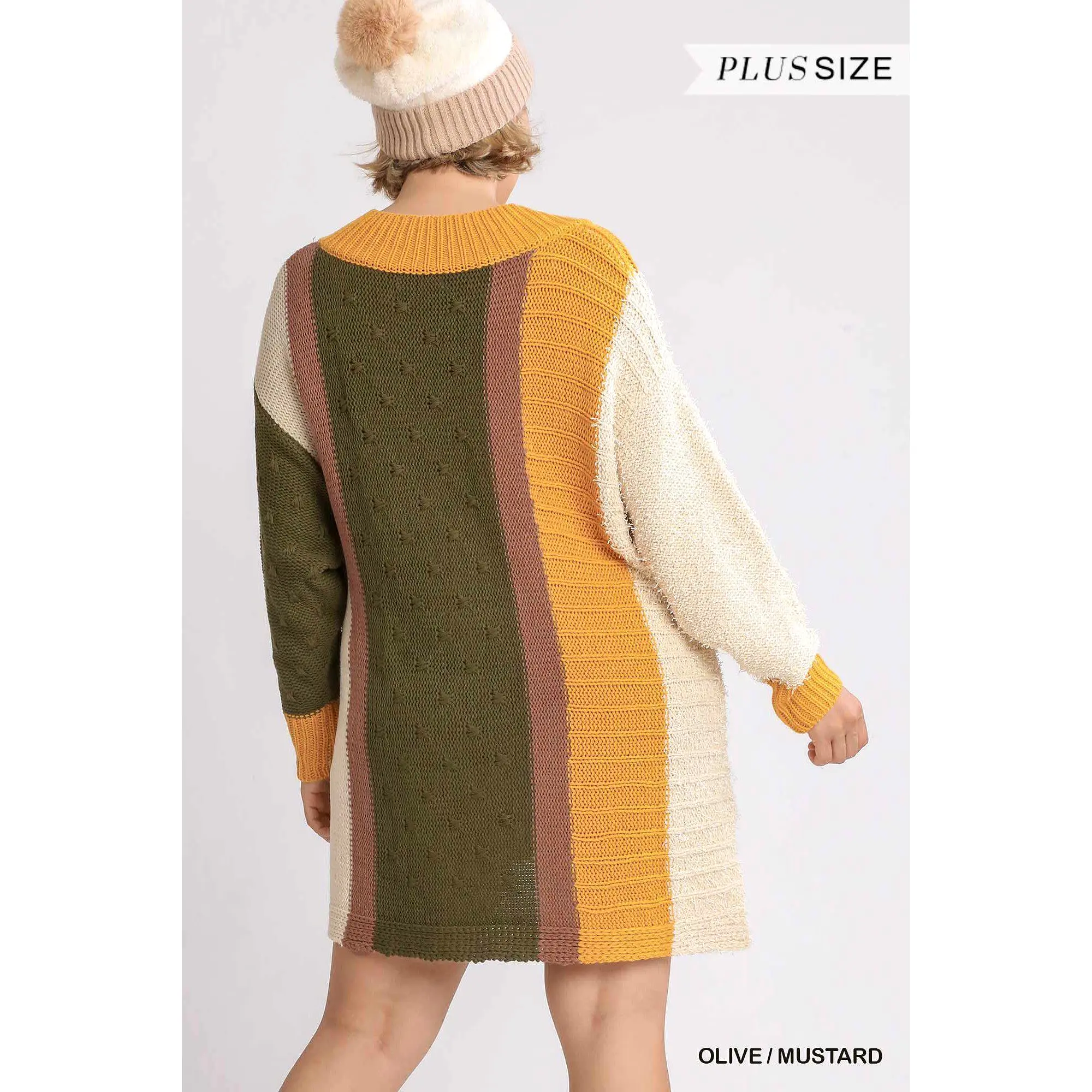 Oversized Multicolor Bouclé V-neck Pullover Sweater Dress With Side Slit