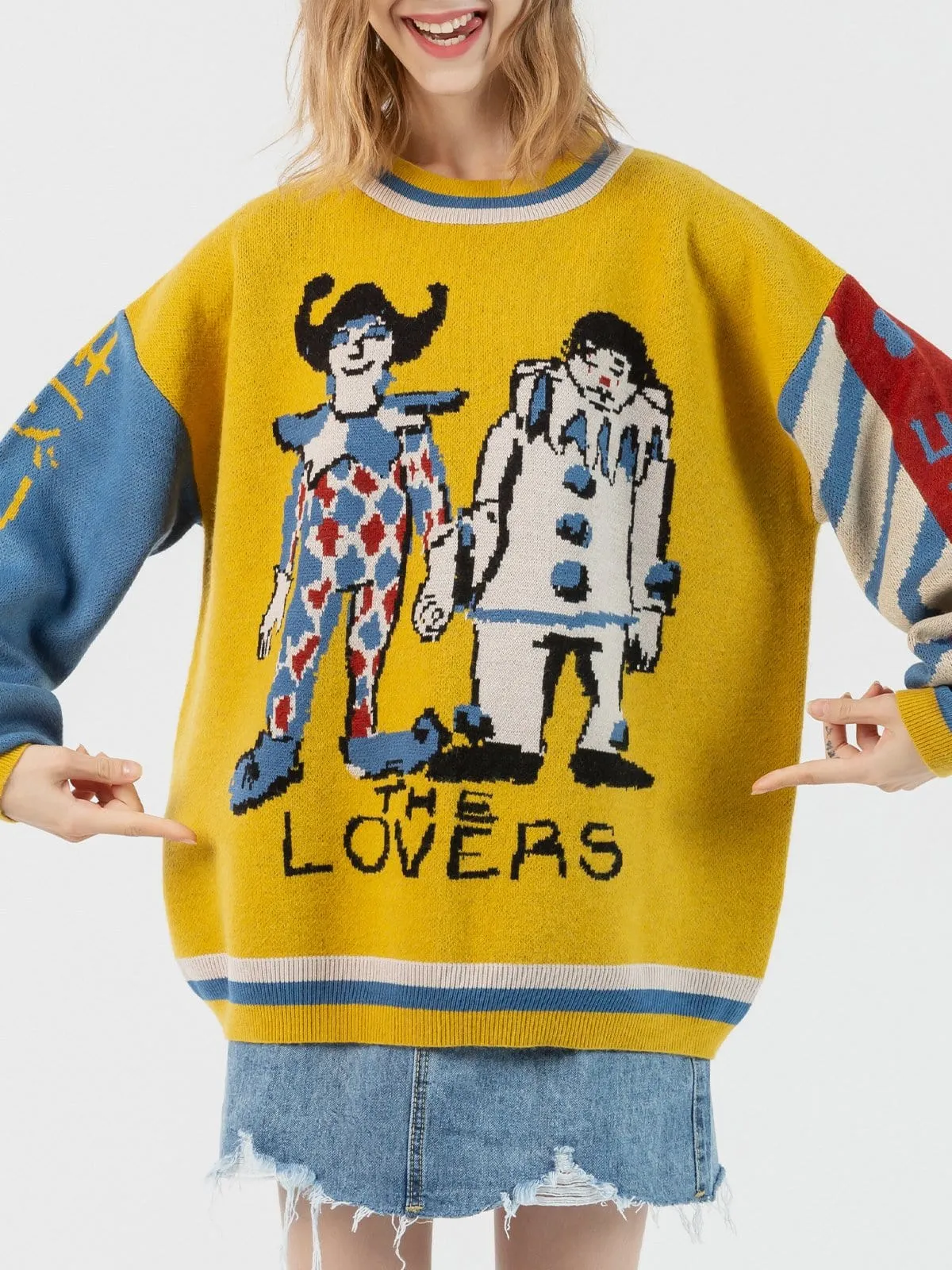 Patchwork Sleeve Joker Knit Sweater