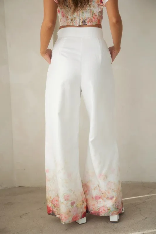 Pleated Pants With Floral Print Hem