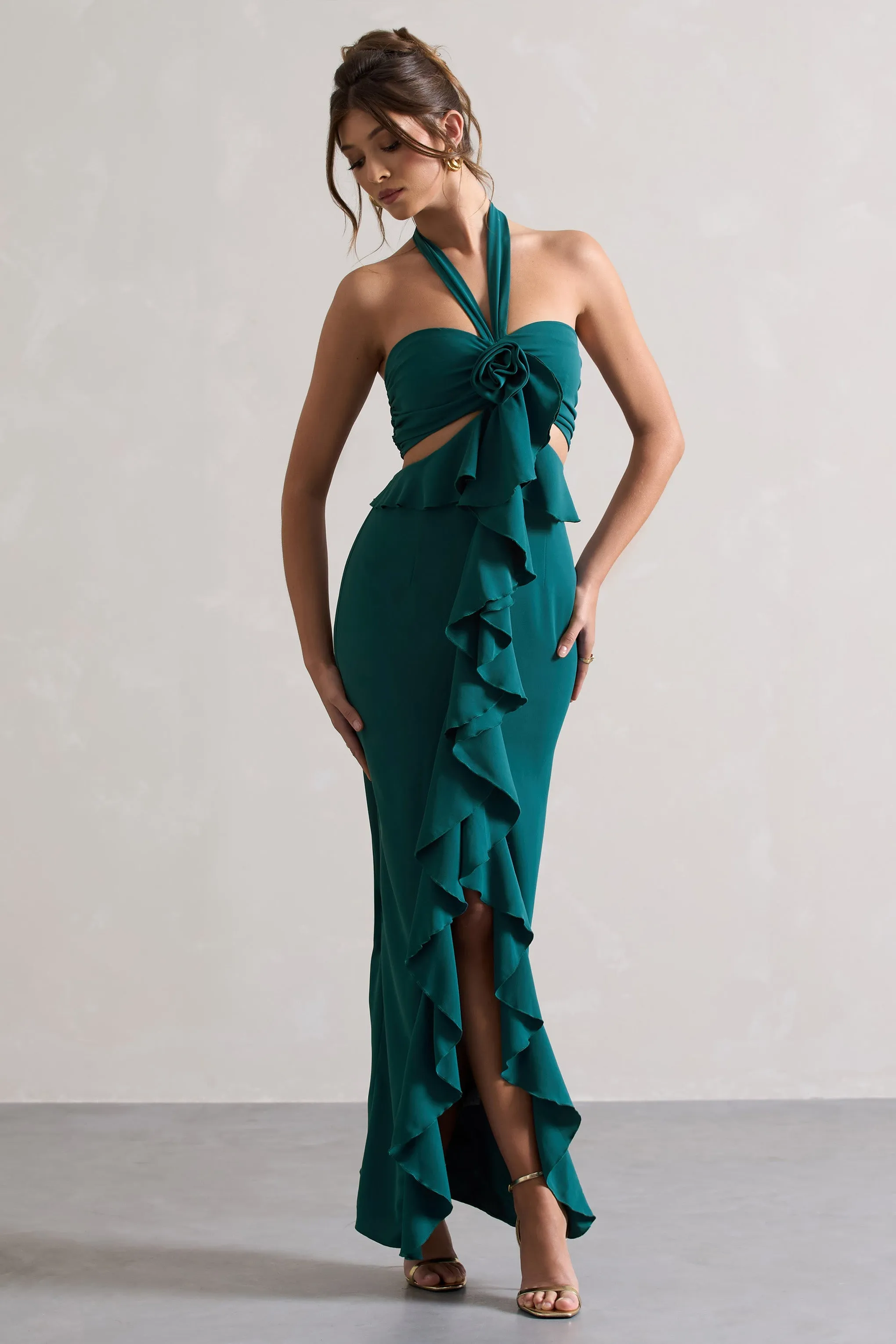 Powerful | Petrol Blue Cut-Out Halter-Neck Maxi Dress With Flower & Ruffles