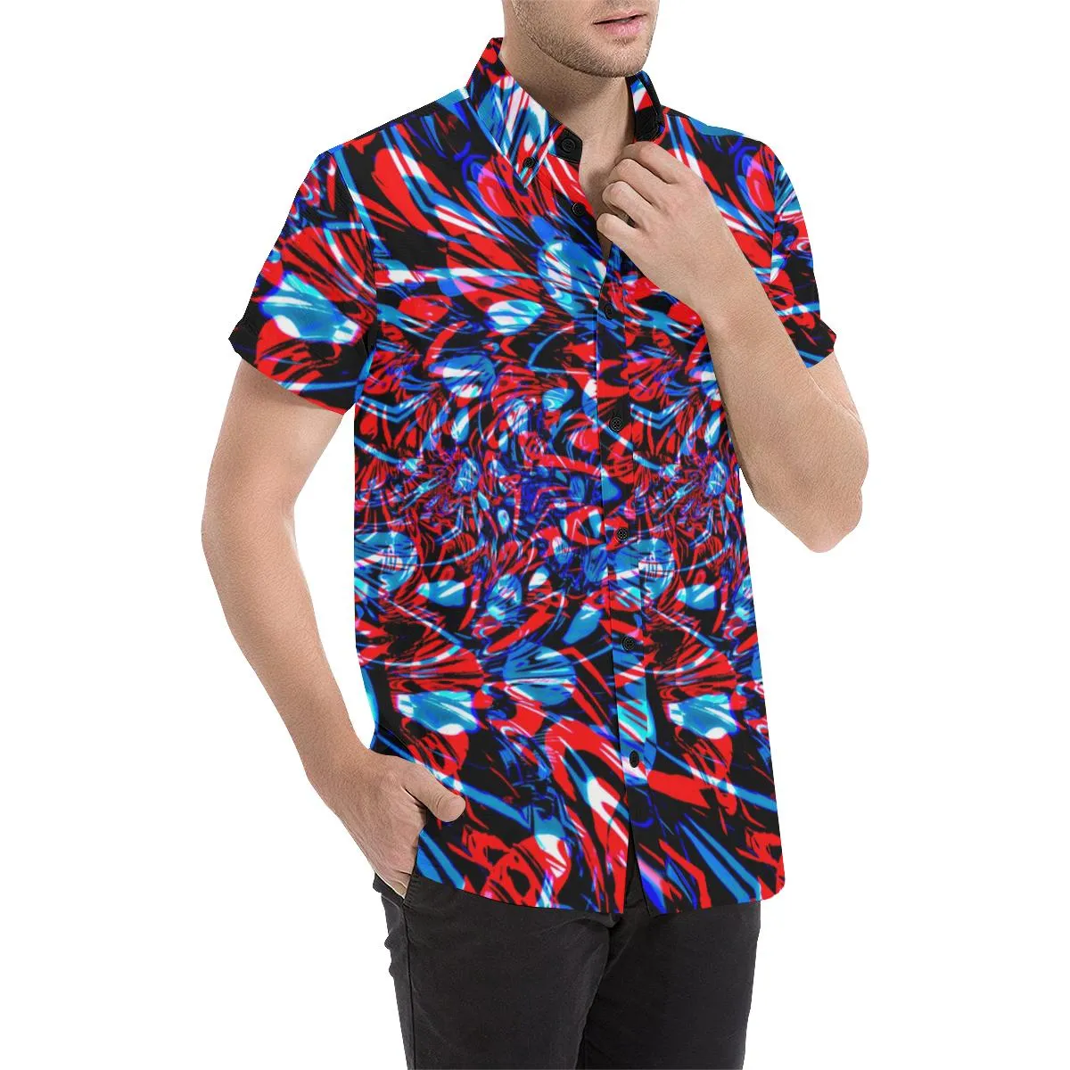 Psychedelic Streetart Chaos Men's Big & Tall Short Sleeve Button Up Shirt (Red & Blue)