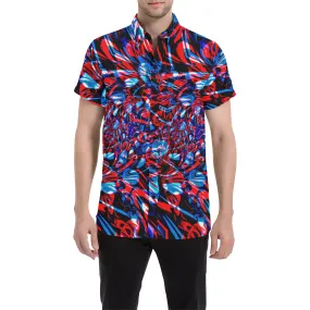 Psychedelic Streetart Chaos Men's Big & Tall Short Sleeve Button Up Shirt (Red & Blue)