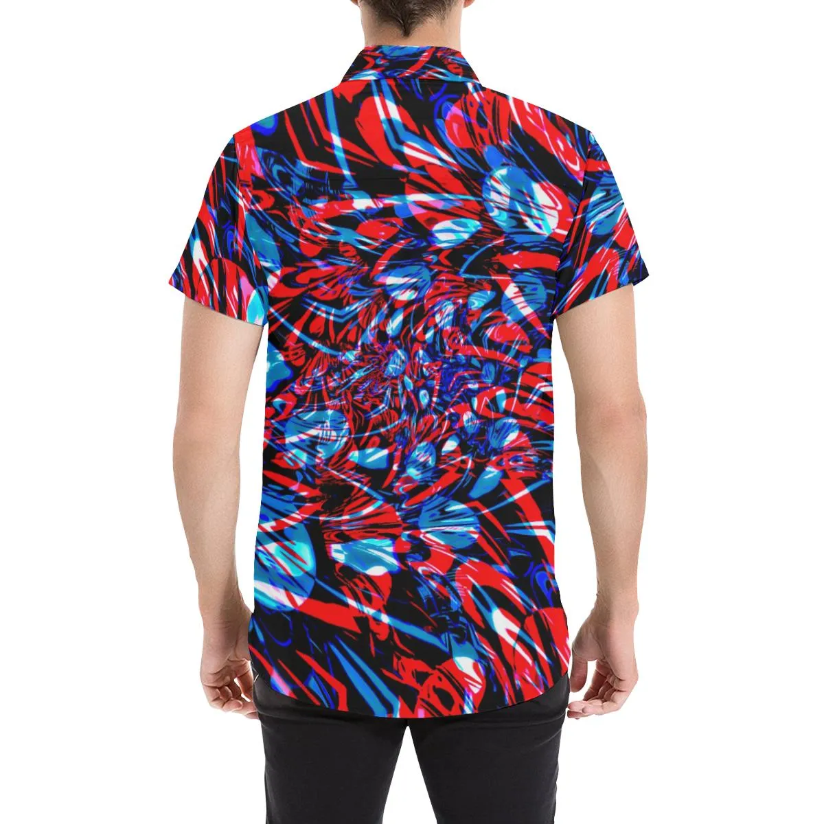 Psychedelic Streetart Chaos Men's Big & Tall Short Sleeve Button Up Shirt (Red & Blue)