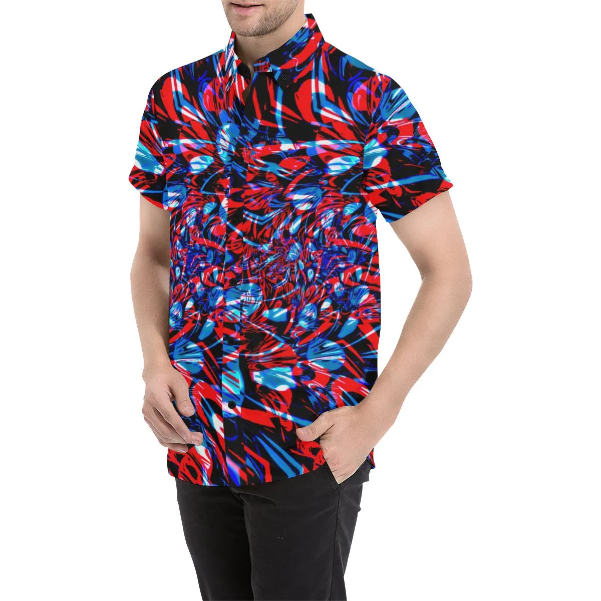 Psychedelic Streetart Chaos Men's Big & Tall Short Sleeve Button Up Shirt (Red & Blue)